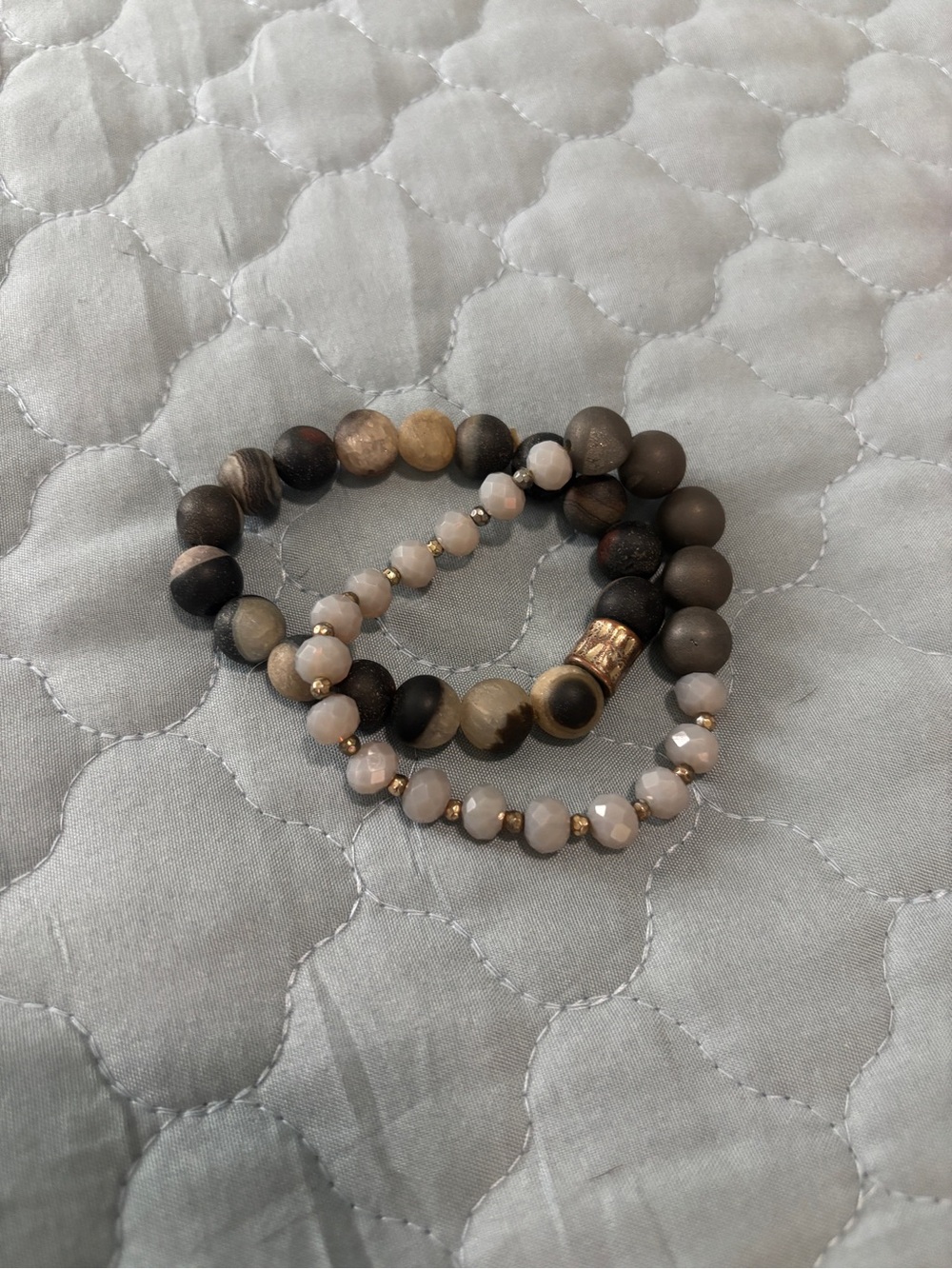 Neutral Brown, Black and Pale Blue Beaded Stretch Bracelet Set